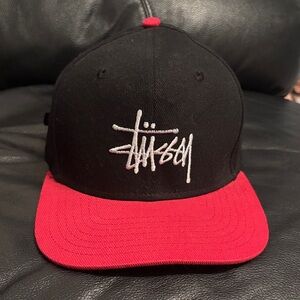 Stussy Black and Red Flat-Brim Snapback Hat